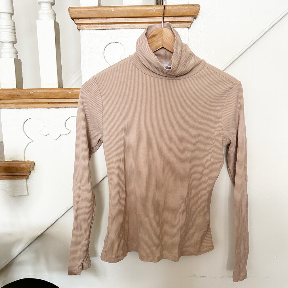 Old Navy Ribbed Turtleneck Long Sleeve Top Cotton Blend Beige Size S Small